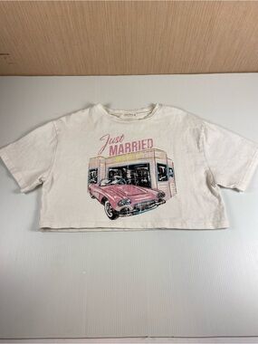 12th Tribe White Cropped Tee with Pink Vintage Car Graphic